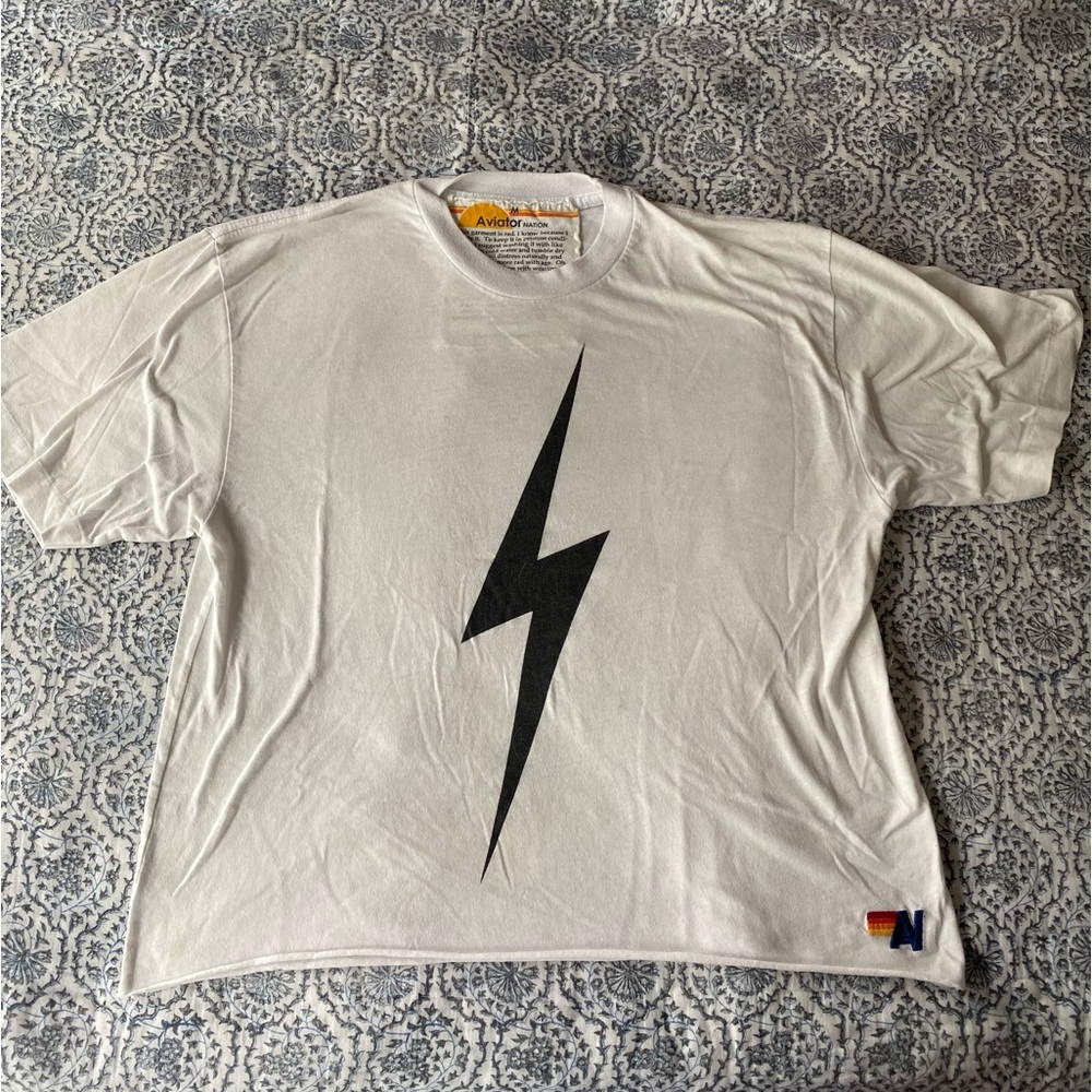 Aviator Nation White Tee with Black Lightning Bolt